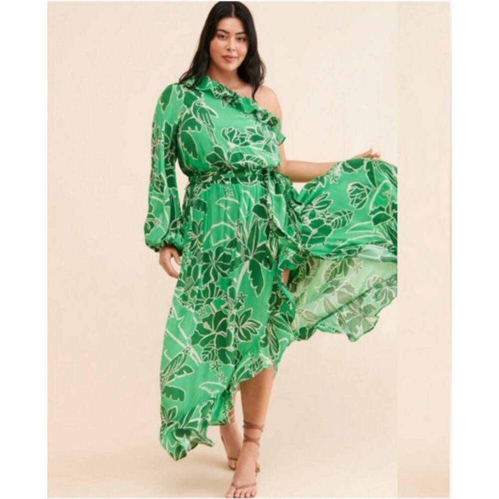 FARM RIO for Anthropologie Green Printed One-Shoulder Ruffle Dress‎ Size Medium